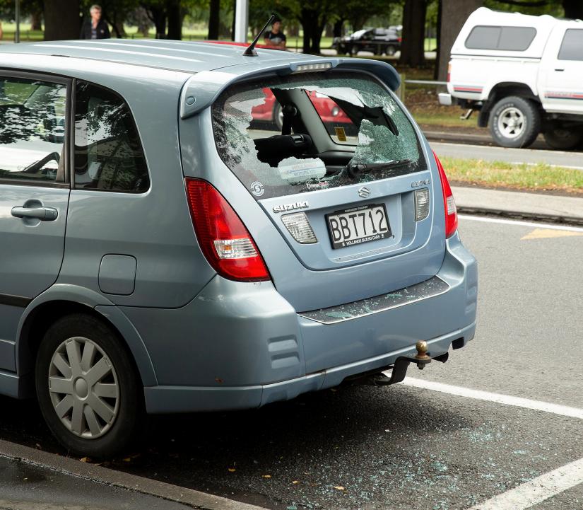 Shattered car window following a shooting at the Al Noor mosque in Christchurch,New Zealand, March 15, 2019. REUTERS