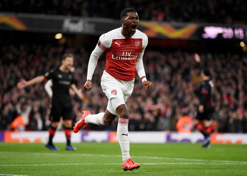 Soccer Football - Europa League - Round of 16 Second Leg - Arsenal v Stade Rennes - Emirates Stadium, London, Britain - March 14, 2019 Arsenal's Ainsley Maitland-Niles celebrates scoring their second goal Action Images via Reuters