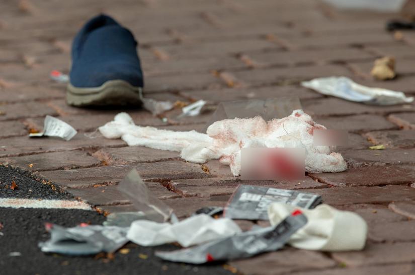 Bloodied bandages on the road following a shooting at the Al Noor mosque in Christchurch, New Zealand, March 15, 2019. REUTERS/SNPA/Martin Hunter