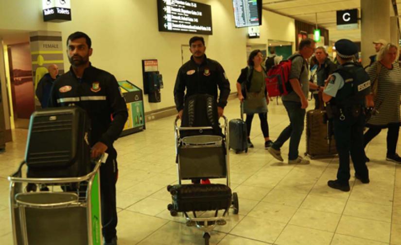 Bangladesh cricketers Tamim Iqbal and Soumya Sarkar arrive at Christchurch Airport prior to their departure to Dhaka Saturday. COURTESY