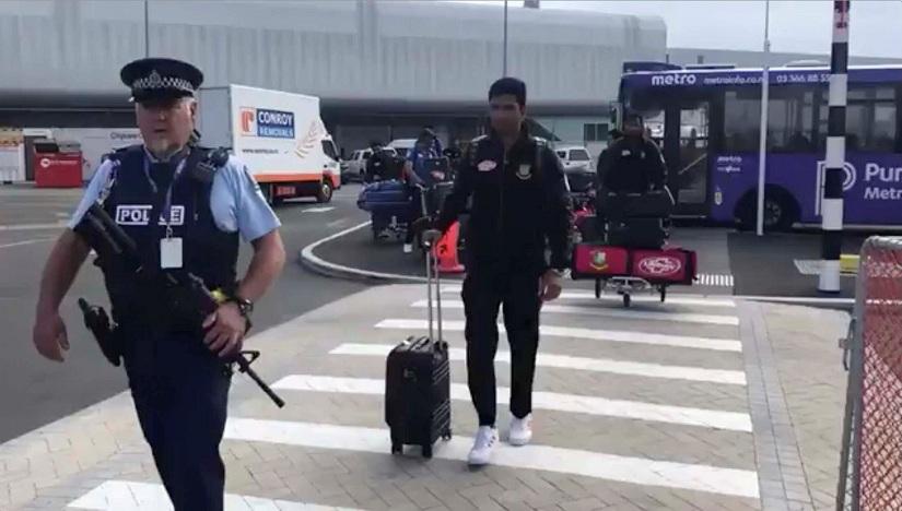 Members of the Bangladesh cricket team arrive to depart for Bangladesh from Christchurch International Airport in New Zealand March 16, 2019, in this still image from video obtained from social media. Bangladesh Cricket Board/via REUTERS