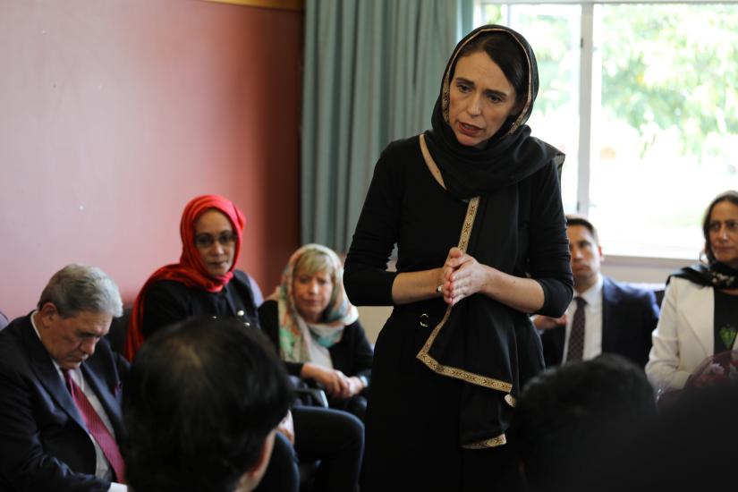 New Zealand Prime Minister Jacinda Ardern speaks to representatives of the Muslim community at Canterbury refugee centre in Christchurch, New Zealand March 16, 2019. New Zealand Prime Minister`s Office-Handout via REUTERS