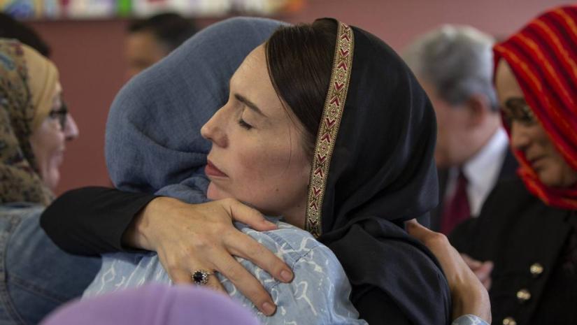 New Zealand Prime Minister Jacinda Ardern wears a headscarf during her visit to Christchurch. PHOTO/Stuff.co.nz