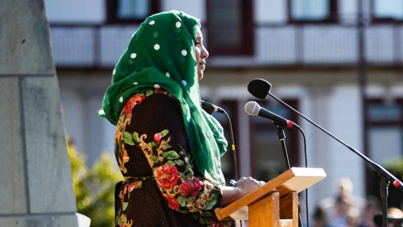Zafereen Yunus from the Muslim community in Feilding, speaks to the crowd gathered on Monday. PHOTO/Stuff.co.nz