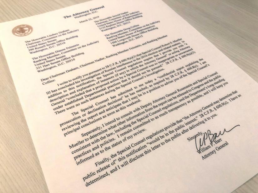 US Attorney General William Barr`s letter to US lawmakers stating that Special Counsel Robert Mueller`s probe has been concluded and he has submitted his report to the Attorney General. US Mar 22, 2019. REUTERS