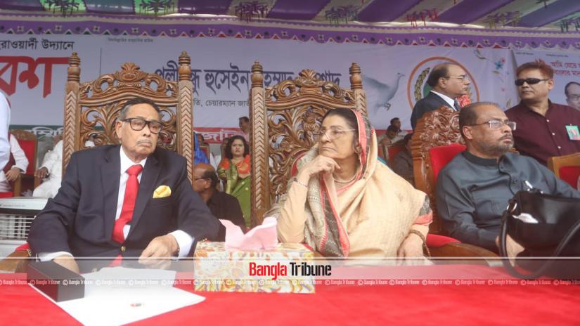 Late Jatiya Party founder Hussein Muhammad Ershad, his widow and Raushan Ershad and brother GM Quader are seen at a party rally at the capital’s Suhrawardy Udyan on Mar 24, 2018. PHOTO/Sazzad Hossain