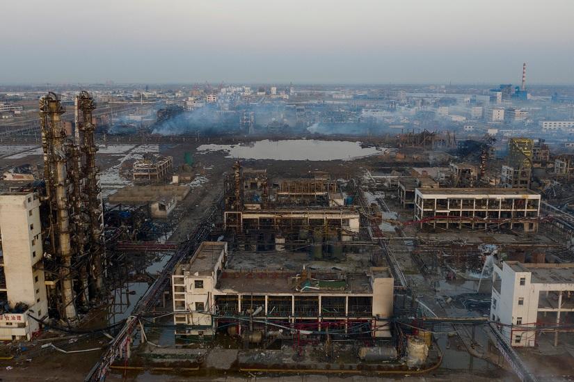 Damaged buildings are seen on the site following an explosion at a pesticide plant owned by Tianjiayi Chemical, in Xiangshui county, Yancheng, Jiangsu province, China March 23, 2019. Caixin Media via REUTERS