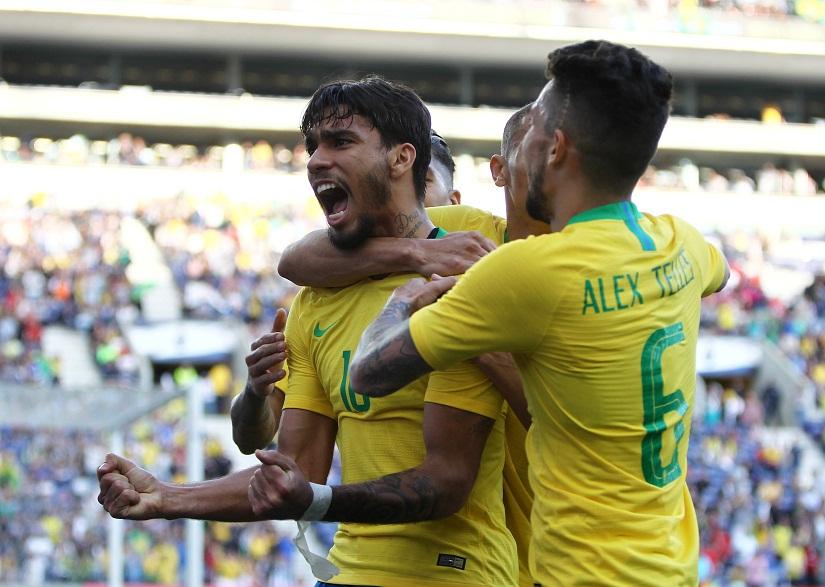 Brazil`s Lucas Paqueta celebrates scoring their first goal with team mates against Panama at Estadio do Dragao, Porto, Portugal on Mar 23, 2019. REUTERS