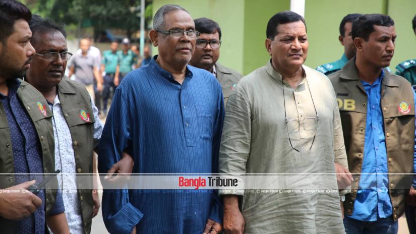 SMHI Faruque, land owner of FR Tower, and Tasvir Ul Islam, a BNP leader and one of the owners of the multi-storey building, are seen at the Detective Branch’s Headquarters in Dhaka on Sunday (Mar 31). PHOTO/Nashirul Islam