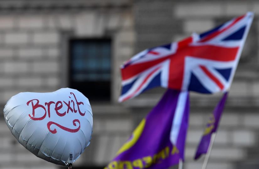Pro-Brexit protesters display a balloon at the March to Leave demonstration in London, Britain March 29, 2019. REUTERS