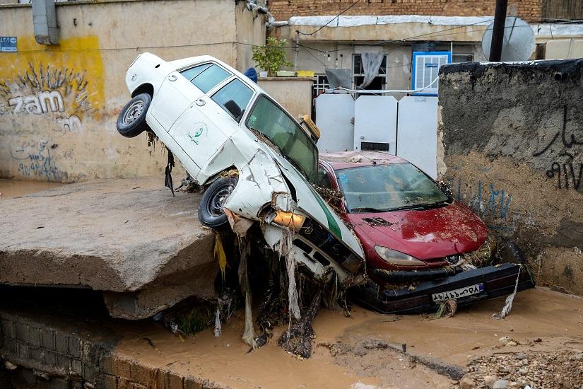 Damaged vehicles are seen after a flash flooding in Shiraz, Iran, March 26, 2019. Tasnim News Agency/via REUTERS/File Photo