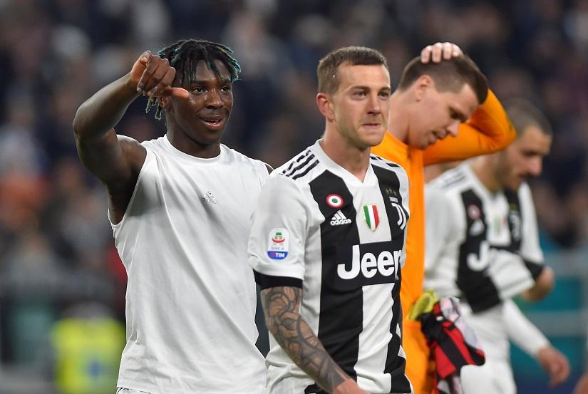 Juventus` Moise Kean and Federico Bernardeschi celebrate after the match against AC Milan at Allianz Stadium, Turin, Italy on Apr 6, 2019. REUTERS