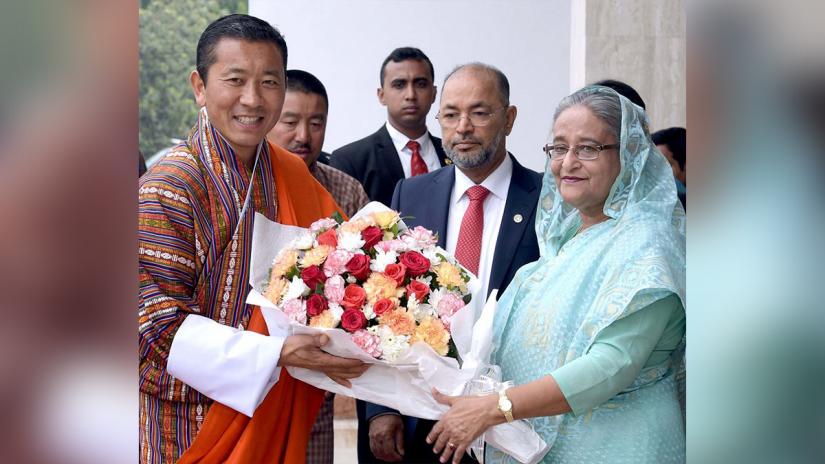 Prime Minister Sheikh Hasina greets visiting Bhutanese Premier Dr Lotay Tshering at the Prime Minister’s Office (PMO) in Dhaka on Saturday (Apr 13). Focus Bangla
