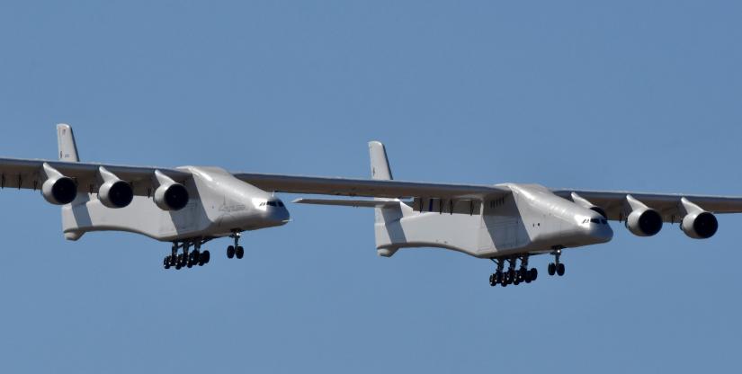 The world`s largest airplane, built by the late Paul Allen`s company Stratolaunch Systems, makes its first test flight in Mojave, California, U.S. April 13, 2019. REUTERS