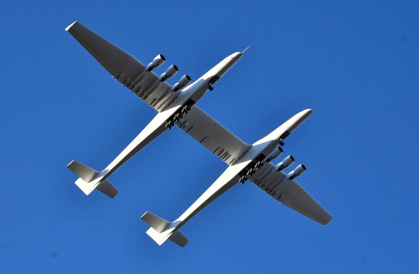 The world`s largest airplane, built by the late Paul Allen`s company Stratolaunch Systems, makes its first test flight in Mojave, California, U.S. April 13, 2019. REUTERS