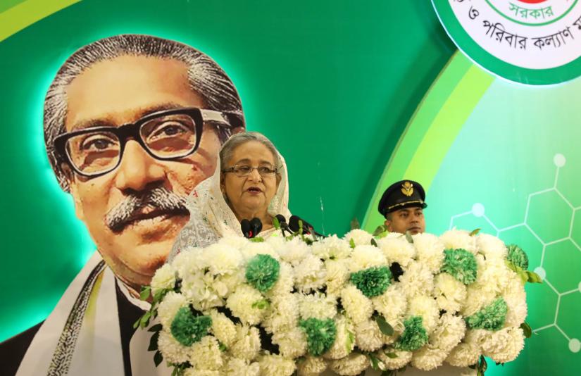 Prime Minister Sheikh Hasina speaks at the inauguration of the National Health Service Week 2019 at Dhaka’s Bangabandhu International Conference Centre on Tuesday (Apr 16). FOCUS BANGLA