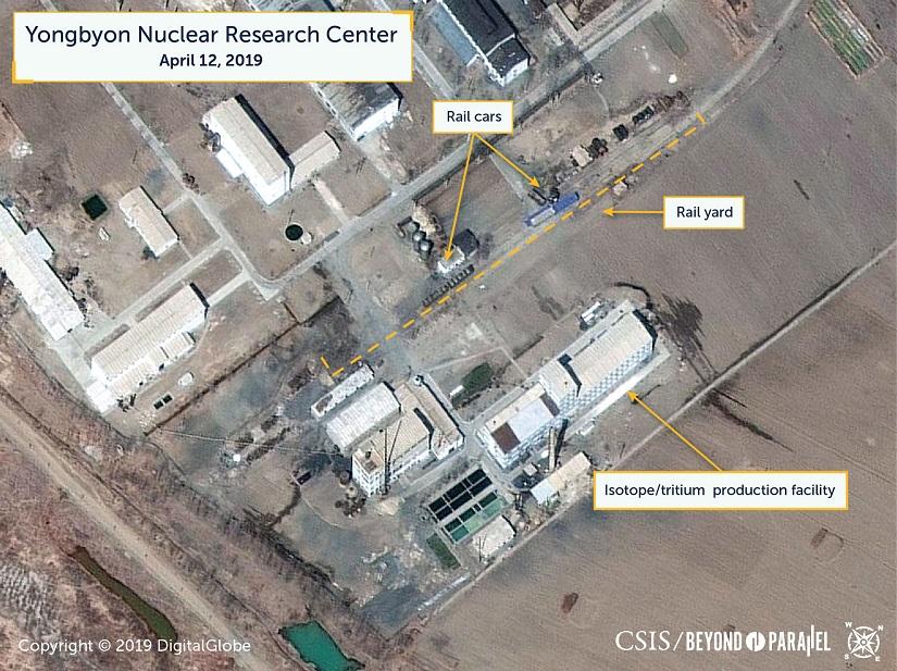 A view of what researchers of Beyond Parallel, a CSIS project, describe as specialized rail cars at the Yongbyon Nuclear Research Center in North Pyongan Province, North Korea, in this commercial satellite image taken April 12, 2019 and released April 16, 2019. CSIS/Beyond Parallel/DigitalGlobe 2019 via REUTERS.