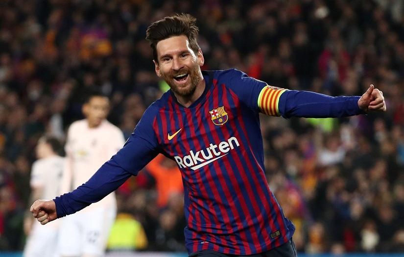 Barcelona`s Lionel Messi celebrates scoring their second goal against Manchester United at Camp Nou, Barcelona, Spain on Apr 16, 2019. REUTERS