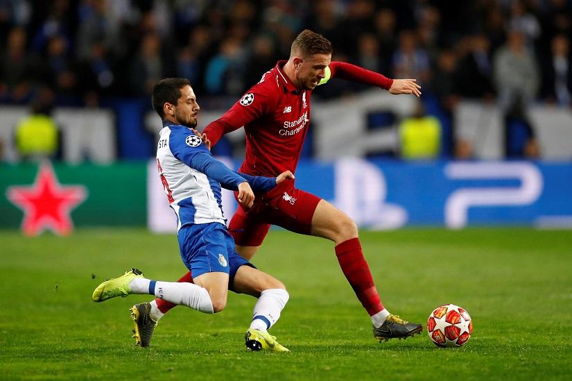 Liverpool`s Jordan Henderson in action with FC Porto`s Bruno Costa at Estadio do Dragao, Porto, Portugal on Apr 17, 2019. Reuters