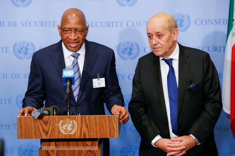 Soumeylou Boubeye Maiga, Prime Minister of the Republic of Mali (L) speaks to media next to Jean-Yves Le Drian, Minister for Europe and Foreign Affairs of France at U.N. headquarters in New York, U.S., March 29, 2019. REUTERS