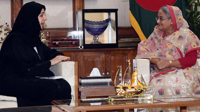 Visiting UAE Minister of State for International Cooperation Reem Ebrahim Al Hashimy pays a courtesy call on Prime Minister Sheikh Hasina at Ganabhaban on Friday (Apr 19). PID