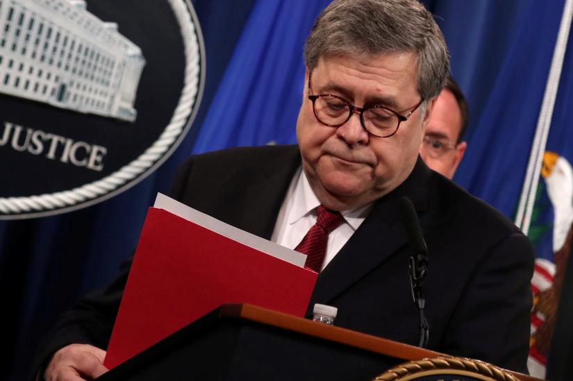 US Attorney General Barr departs after speaking at a news conference on his release of the Mueller report in Washington