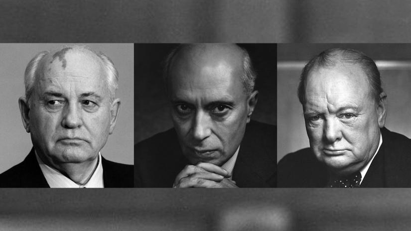 Combination of photos shows Mikhail Gorbachev, Jawaharlal Nehru, and Winston Churchill.