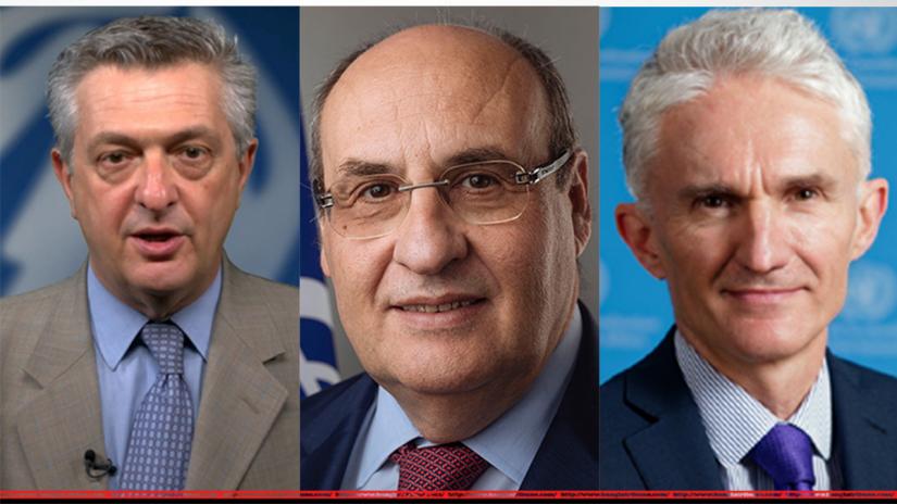 A combination of photos show UN High Commissioner for Refugees (UNHCR), Filippo Grandi (from left); the Director General of the International Organization for Migration (IOM), António Vitorino; and the UN Under-Secretary-General for Humanitarian Affairs and Emergency Relief Coordinator, Mark Lowcock.