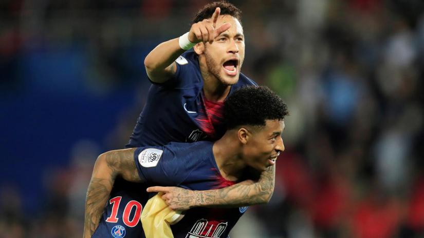 Paris St Germain`s Neymar and Presnel Kimpembe celebrate after the match against AS Monaco at Parc des Princes, Paris, France on Apr 21, 2019. REUTERS