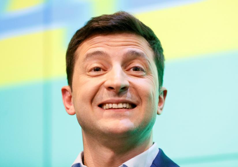 Ukrainian presidential candidate Volodymyr Zelenskiy reacts during a news conference at his campaign headquarters following a presidential election in Kiev, Ukraine April 21, 2019. REUTERS