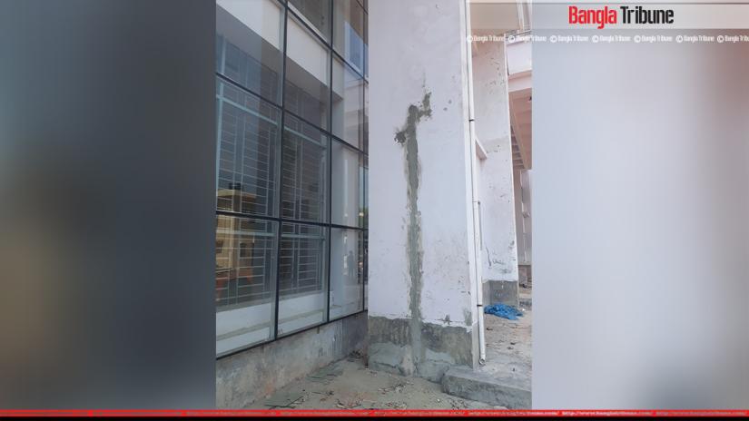 Cracks are seen at different spots of the seven storied under construction Borguna Sadar Hospital.
