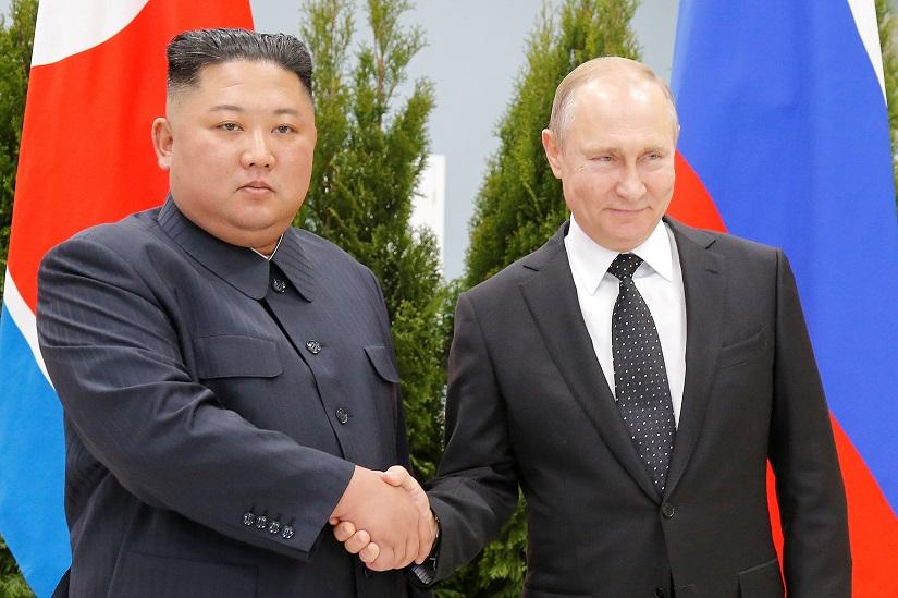 Russian President Vladimir Putin and North Korea`s leader Kim Jong Un shake hands during their meeting in Vladivostok, Russia, April 25, 2019. Alexander Zemlianichenko/Pool via REUTERS