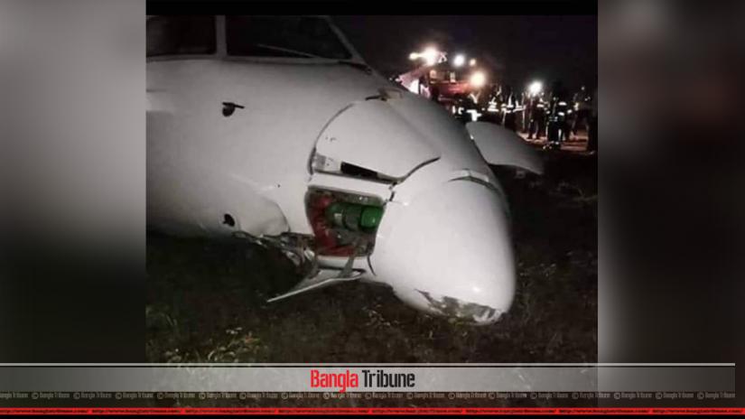 The Biman Bangladesh aircraft skidded off the runway while landing at the Yangon International Airport in Myanmar amid bad weather around 6.30pm (BdST) on Wednesday (May 9).