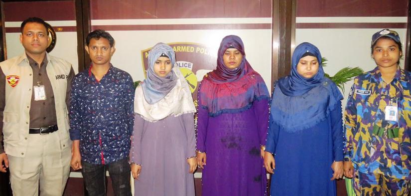 File photo shows Airport Armed Police detain four Rohingya people including three women at Hazrat Shahjalal International Airport in Dhaka on Mar 31, 2019 when they try to leave the city using Bangladeshi passports.