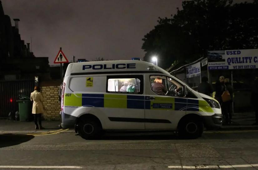 A police vehicle at the scene outside Seven Kings Mosque, East London, UK. Photo: Collected