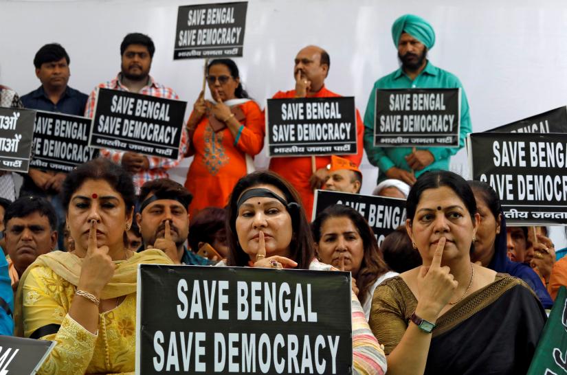 Supporters of India`s ruling Bharatiya Janata Party (BJP) attend a silent protest against the disturbance caused during an election campaign rally by the party president Amit Shah in Kolkata on Tuesday, in New Delhi, India, May 15, 2019. REUTERS