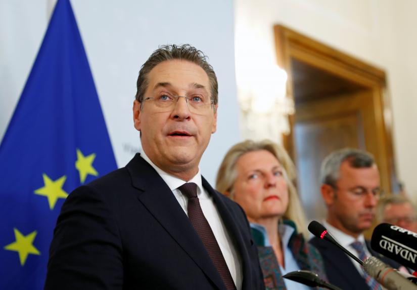 Austrian Vice Chancellor Heinz-Christian Strache addresses the media in Vienna, Austria, May 18, 2019. REUTERS