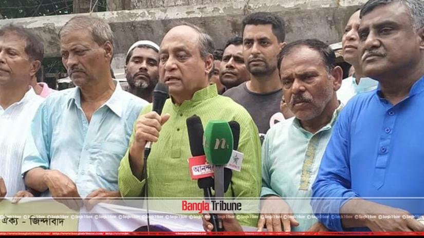 BNP Vice Chairman Abdullah Al Mamun speaking at a demonstration of pro-BNP Jatiyatabadi Jute Mill Workers’ Party on Saturday (May 18).