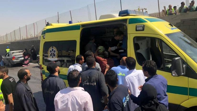 An ambulance is seen at the site of a blast near a new museum being built close to the Giza pyramids in Cairo, Egypt May 19, 2019 in this image obtained via social media. Social Media/via REUTERS