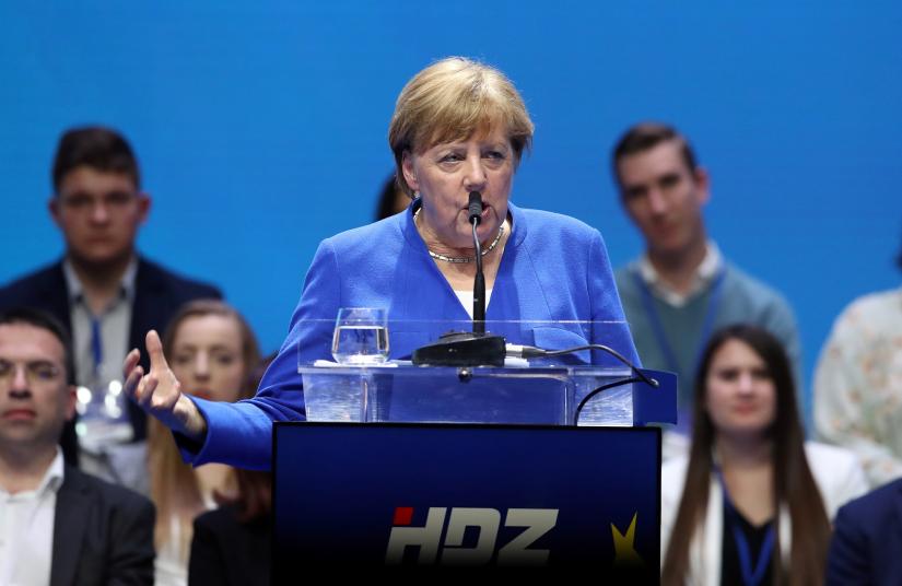 German Chancellor Angela Merkel speaks during the European People`s Party (EPP) and the Croatian Democratic Union`s (HDZ) campaign rally for the European Parliament elections in Zagreb, Croatia, May 18, 2019. REUTERS