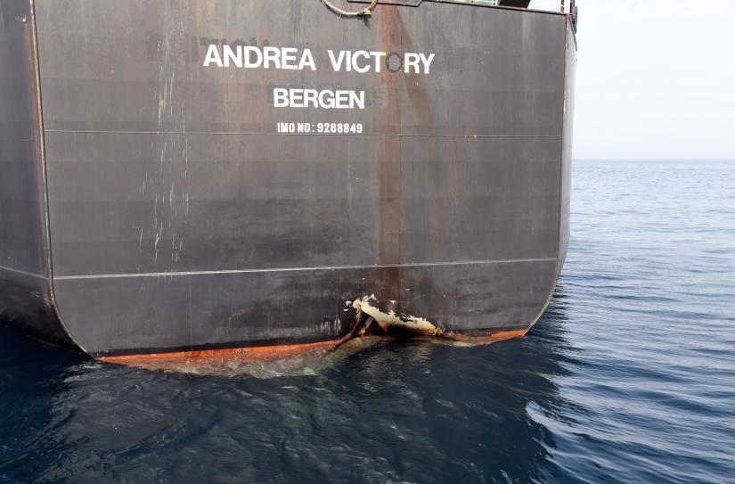 A damaged Andrea Victory ship is seen off the Port of Fujairah, United Arab Emirates, May 13, 2019. REUTERS