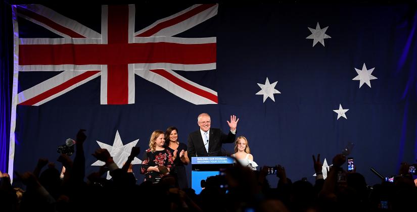 Australia`s Prime Minister Scott Morrison with wife Jenny, children Abbey and Lily after winning the 2019 Federal Election, at the Federal Liberal Reception at the Sofitel-Wentworth hotel in Sydney, Australia, May 18, 2019. AAP Image/Dean Lewins/via REUTERS