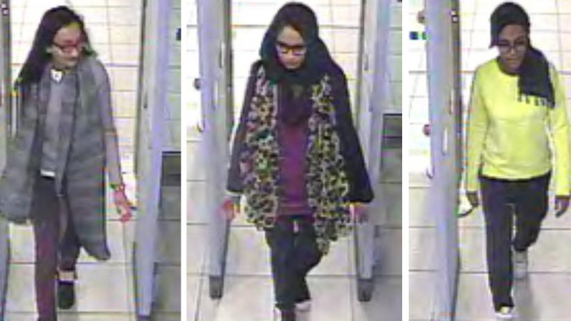 Composite of images from video shows Kadiza Sultana (left) and Shamima Begum going through security at Gatwick Airport in Britain before catching a flight to Turkey in 2015.
