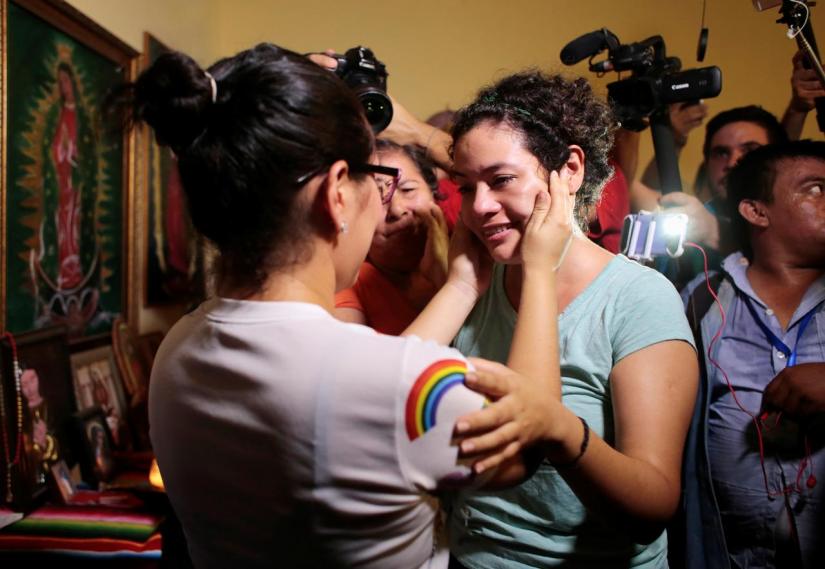 Maria Adilia Peralta, who according to local media was arrested for participating in a protest against Nicaraguan President Daniel Ortega`s government, embraces a relative after being released from La Esperanza Prison, in Masaya, Nicaragua May 20, 2019. REUTERS