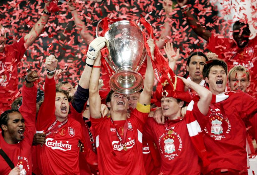 FILE PHOTO: Liverpool`s Steven Gerrard lifts the Champions League trophy with his team mates celebrating around him