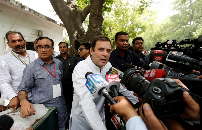 FILE PHOTO: Rahul Gandhi, president of India`s main opposition Congress party, speaks after casting his vote at a polling station in New Delhi, India, May 12, 2019. REUTERS