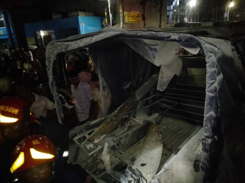 The damaged car in an explosives blast in Malibagh intersection area of Dhaka on Sunday, May 26, 2019