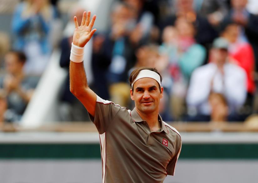 Tennis - French Open - Roland Garros, Paris, France - May 26, 2019 Switzerland`s Roger Federer celebrates winning his first round match against Italy`s Lorenzo Sonego REUTERS