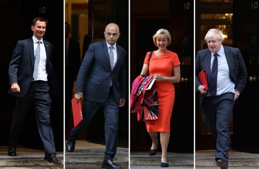 A combination of picture created in London on May 24, 2019 shows recent pictures of the four main contenders to replace Britain’s Prime Minister Theresa May when she resigns on June 7: (L-R) Britain’s Foreign Secretary Jeremy Hunt; Britain’s Home Secretary Sajid Javid; former leader of the House of Commons Angela Leadsom; and former foreign secretary Boris Johnson all pictured leading 10 Downing Street, central London. Photo: CNBC