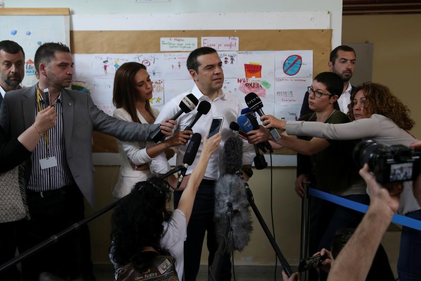 Greek Prime Minister Alexis Tsipras makes statements after voting for the European and local elections at a polling station in Athens, Greece, May 26, 2019. REUTERS